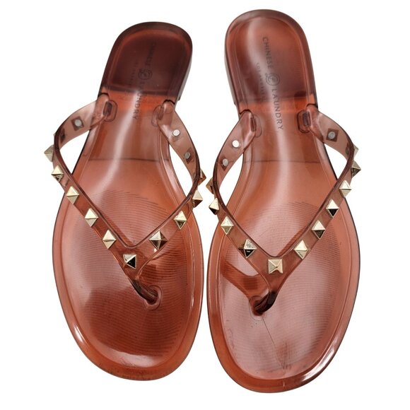 Chinese Laundry Shoes - Chinese Laundry Womens Jelly Flip Flops Gold Studs Transparent Coral Size 8